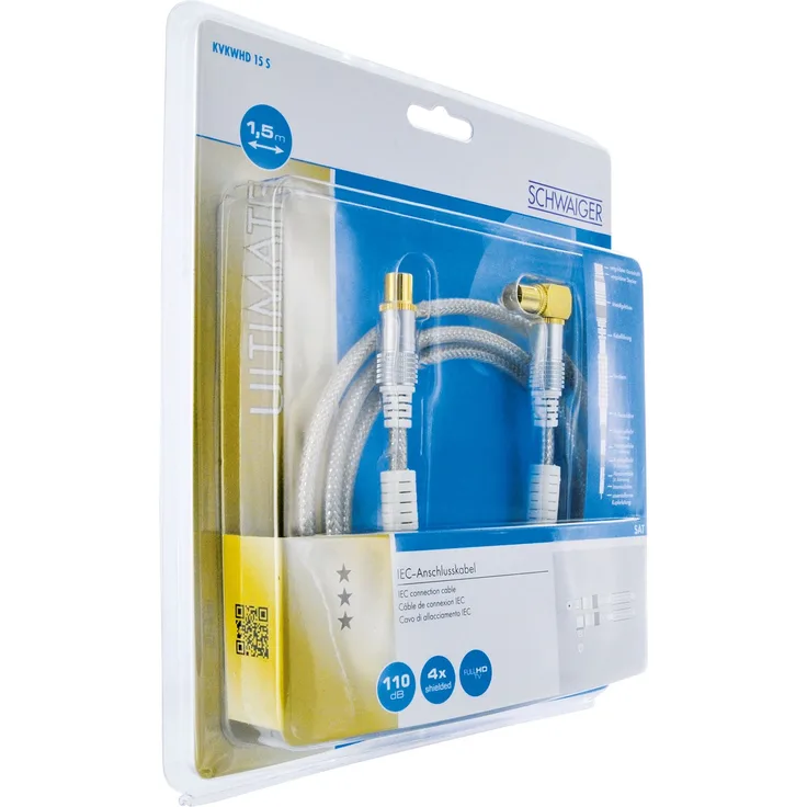 Schwaiger Premium Antennen Anschlusskabel 110 dB mit Ferritkern, 1,5m, transparent, IEC Stecker > 90° IEC Winkelbuchse, 4-Fach Schirmung, 75 Ohm, digital, HDTV, DVB-C-DVB-T2