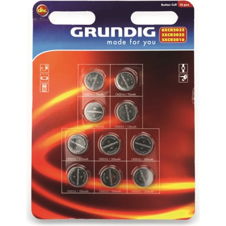 Knopfzellen-Set, GRUNDIG,CR2016..CR2032, Li-MnO2, 10-teilig