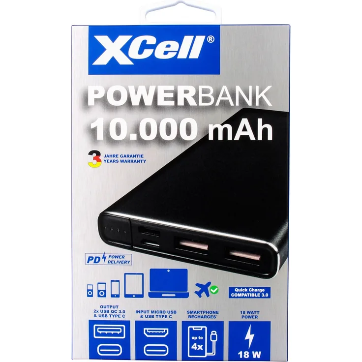 XCell Li-Poly Powerbank 10.000mAh USB Type C + 2x QC3.0