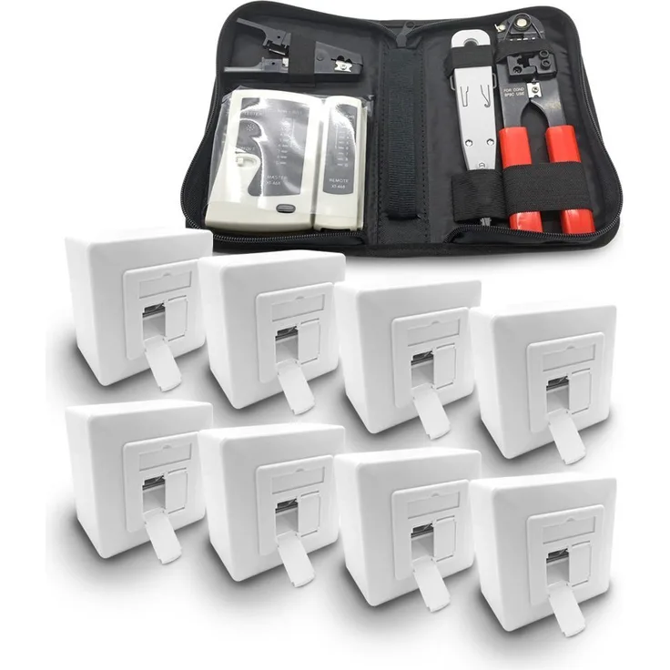 ARLI Netzwerk-Adapter, 8x ARLI Cat6a Netzwerkdose 2 Port + Werkzeugset - Crimpzange Rj45 + Tester + LSA + Kabelmesser Werkzeug Set