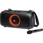 JBL PartyBox On-The-Go Party Bluetooth-Lautsprecher mit Lichteffekt, kabellosem Mikrofon, spritzwassergeschützt, schwarz