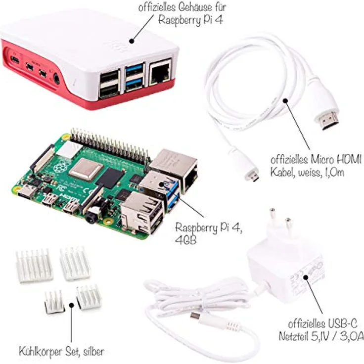 Raspberry Pi 4 Computer Modell B, 4GB RAM Light Starter Kit, weiß
