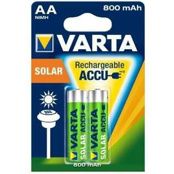 VARTA Recharge Akku Solar AA Mignon (HR6, Ni-Mh Akku 800 mAh, wiederaufladbar ohne Memory-Effekt) 2er Pack