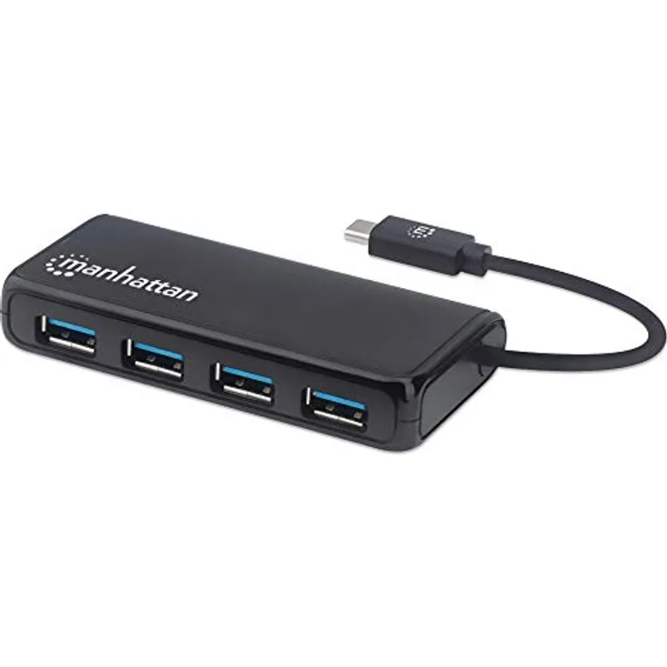 Manhattan 164924 4-Port USB 3.2 Gen 1 Hub USB-C-Stecker auf 4 x USB-A-Buchse, 5 Gbit-S Datenübertragungsraten, Stromversorgung über USB, Schwarz