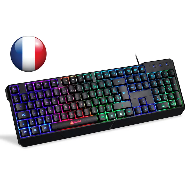 KLIM Chroma Tastatur Gamer AZERTY Französisch mit USB-Kabel - Hohe Leistung - bunte Beleuchtung Gaming Tastatur PC Windows, Mac