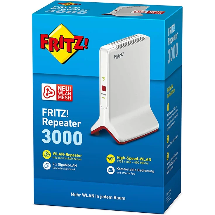 AVM FRITZ!WLAN Mesh Repeater 3000 (drei Funkeinheiten: 5 GHz (bis zu 1.733 MBit-s), 5 GHz (bis zu 866 MBit-s), 2,4 GHz (bis zu 400 MBit-s), 2x Gigabit-LAN, deutschsprachige Version) – Bild 2