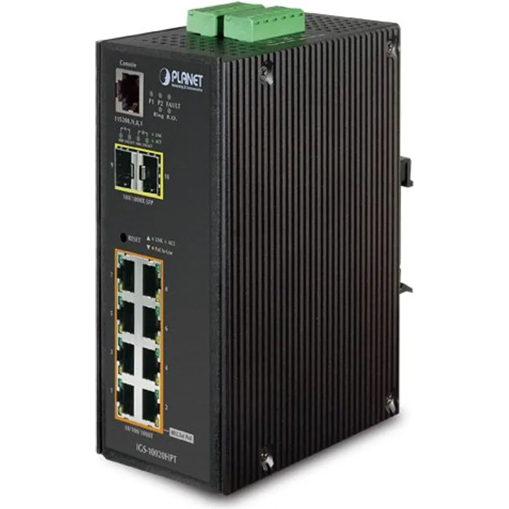 Planet IP30 Industrial L2+-L4 8-Port 1000T 802.3at PoE + 2-Port, IGS-10020HPT (1000T 802.3at PoE + 2-Port 100-1000X SFP Full Managed Switch (-40 to 75 C, 12V 48V DC Power Boost, Dido,)