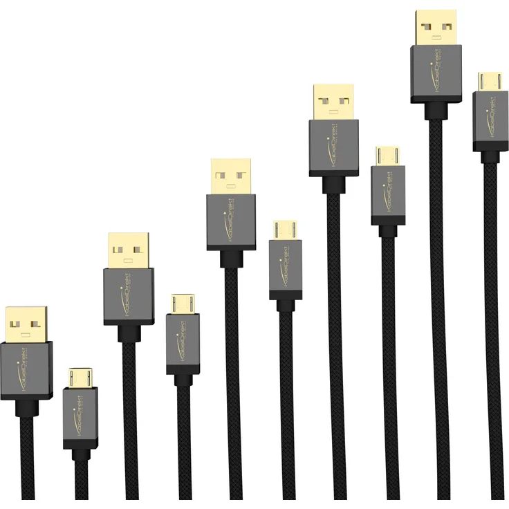 KabelDirekt - Micro USB Kabel - 5X 1,5m - (USB 2.0, Ladekabel-Datenkabel, Micro USB Geräte, schwarzes Nylon) - PRO Series