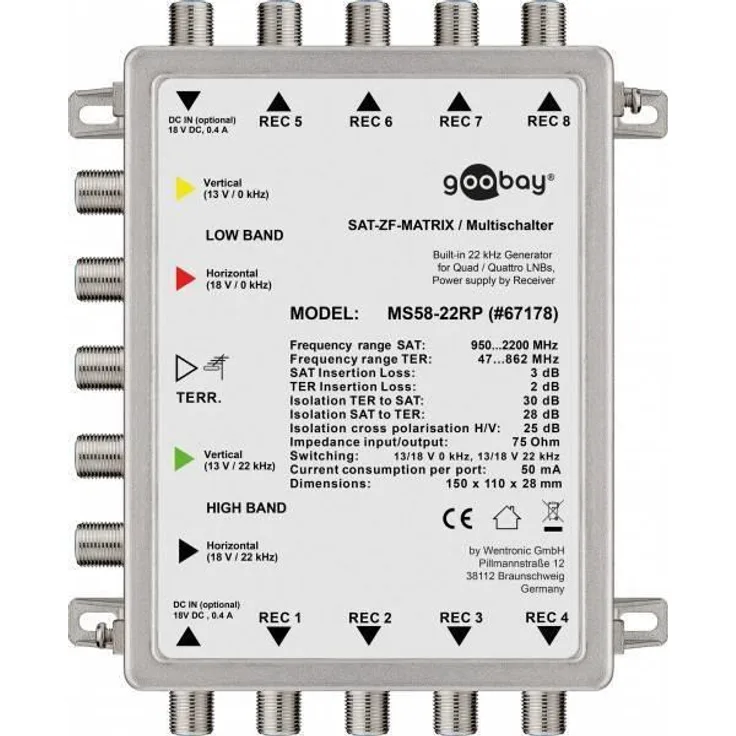 Goobay 67178 Passiver Sat Multischalter 5 Eingänge - 8 Ausgänge Silber-Schwarz