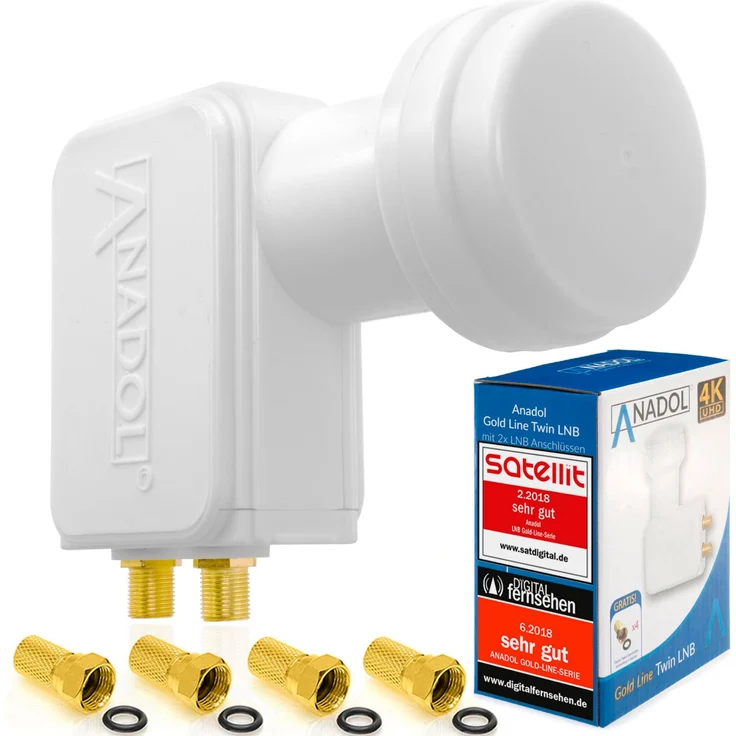 Anadol Gold Line TWIN LNB Digital 4K 0.1dB für 2 Teilnehmer Direkt Anschluss Dual 2fach FULL HD TV 3D 4K + Kontakte vergoldet + Wetterschutz (ausziehbar) im SET mit 4 F-Stecker vergoldet  – Bild 2