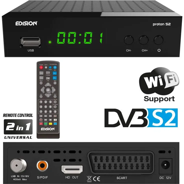 Edision proton S2 Full-HD Sat Receiver, HDMI, EPG, WLAN, schwarz