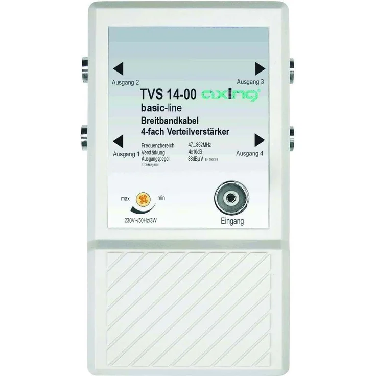 Axing TVS 14-00 4 fach Verteilverstärker für kleine BK (Kabelfernsehen) und terrestrische Netze mit UKW u. DVB-T2 HD – Bild 1