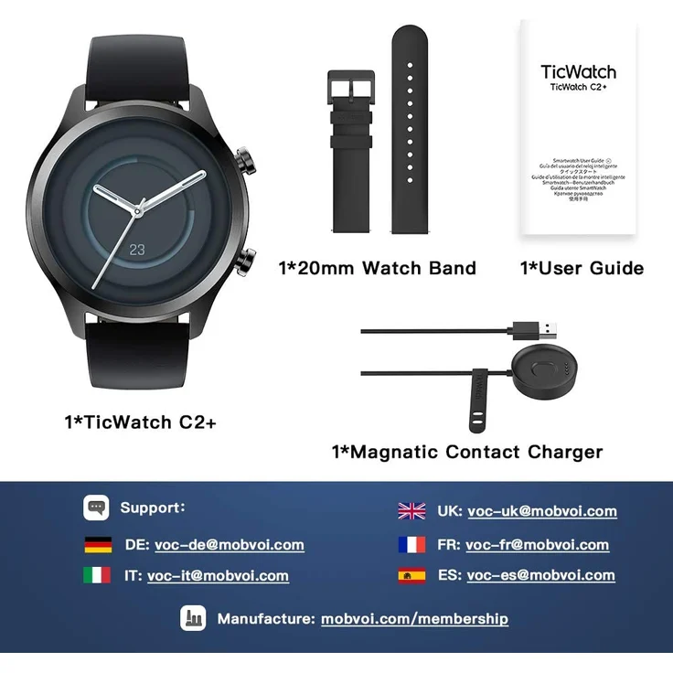Mobvoi TicWatch C2+ GPS, Unisex, 42,8mm, Edelstahlgehäuse, Lederarmband, Schwarz – Bild 7