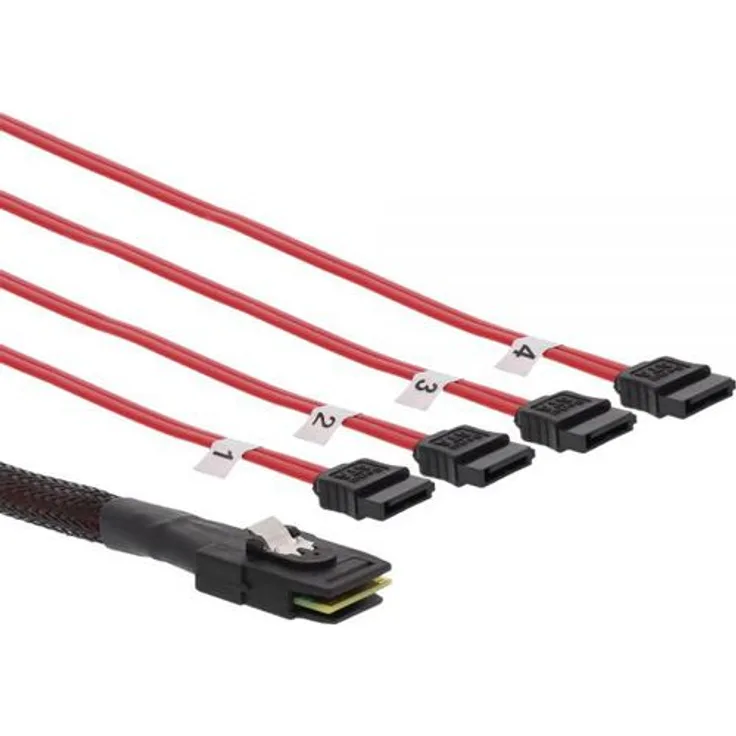 InLine SAS Anschlusskabel, Mini SAS SFF8087 an 4x SATA, Crossover, OCF, 0,5m (27610C)