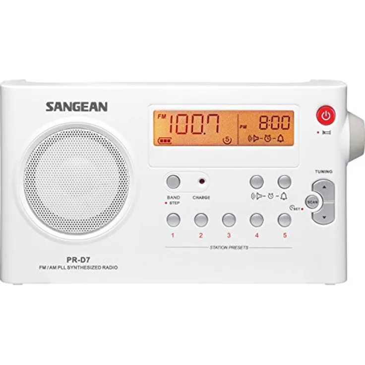Sangean PR-D7 tragbares Radio (UKW-MW-Tuner, Kopfhöreranschluss, Weckfunktion, Netz-Batteriebetrieb) weiß