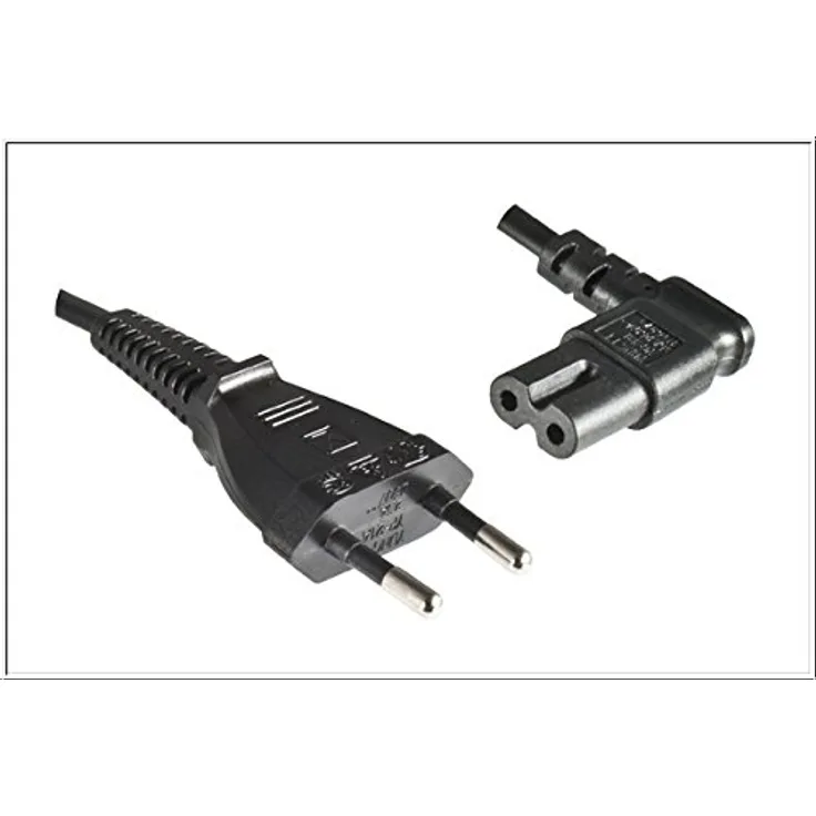 Netzleitung Euro-C7 90° r, l, schwarz, 2 m, 2 x 0.75 mm² Eurostecker auf Euro-8 Buchse C7 90° rechts, links Kabelaufbau H03VV-F 2G 0.75 mm² 2.5 A, 250 V VDE-geprüft, Farbe schwarz Geeignet für Europa (nicht für Großbritannien, Irland, Malta, Zypern) (EK54