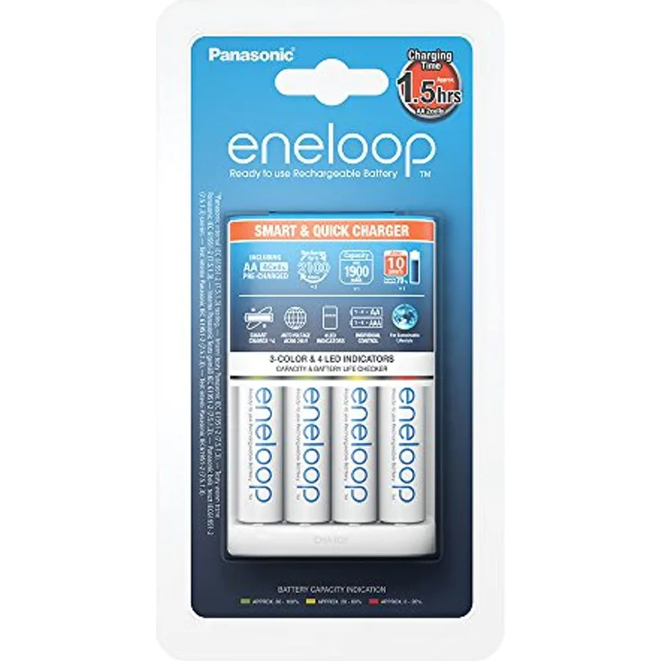 Panasonic eneloop BQ-CC55E, Intelligentes Schnellladegerät, für 1-4 Ni-MH Akkus AA-AAA, mit LED-Anzeige und Einzelschachtüberwachung, inklusive 4x eneloop K-KJ55MCC40E, AA Mignon, min. 1900 mAh, 2100 Ladezyklen