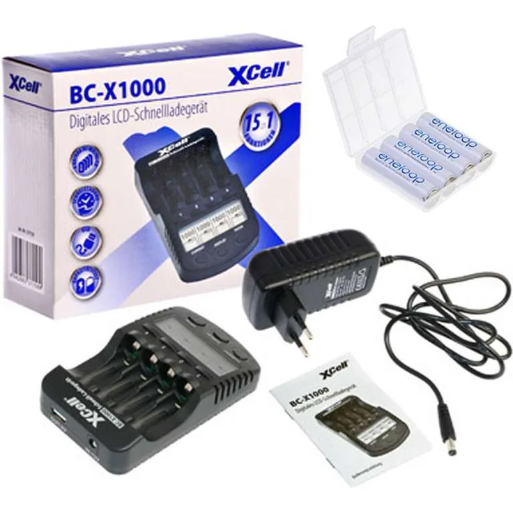 Schnellladegerät mit LCD-Display + 4x eneloop AA Mignon + Akkubox