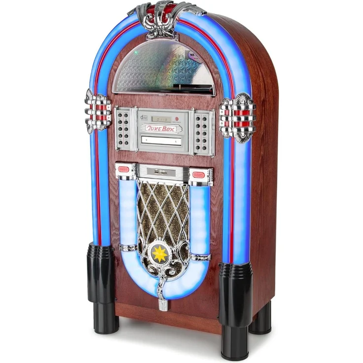 auna Graceland TT - Jukebox, Retro Musikbox, Bluetooth, Plattenspieler, MP3-fähiger CD-Player, USB-Port, SD-Karten Slot, Aufnahmefunktion, AUX-Eingang, UKW Radio, LED-Beleuchtung, braun – Bild 4