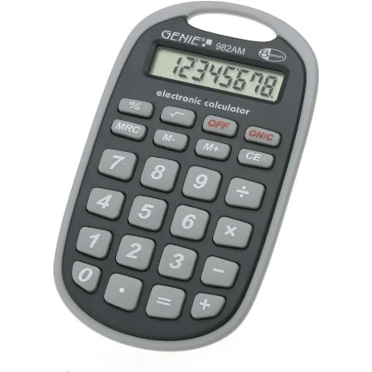 Genie 982 AM 8-stelliger Taschenrechner (Befestigungsöse, Batterie-Power, robustes Design) grau