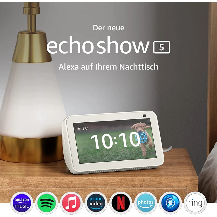 Amazon Echo Show 5 (2. Generation, 2021), Mehr als nur eine Uhr – Smart Display für den Nachttisch, mit Alexa und 2-MP-Kamera, Weiß – Bild 2