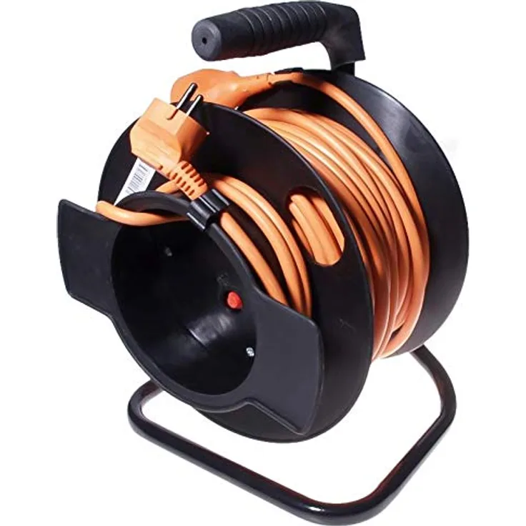 PremiumCord Kabeltrommel 25m, Qualitäts Verlängerungskabel 230V auf der Trommel, mit Thermoschutz und Kabelhalterung