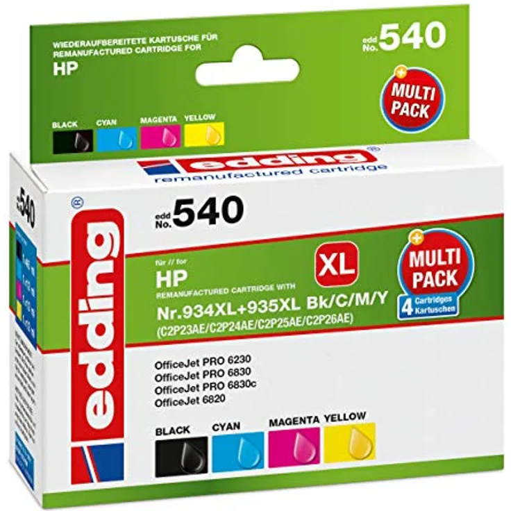 edding Tintenpatrone EDD-540 ersetzt HP 934XL-935XL (C2P23-C2P24-C2P25-C2P26) Multipack 4 - Schwarz, Cyan, Magenta, Gelb - 1x 45 + 3x 12 ml