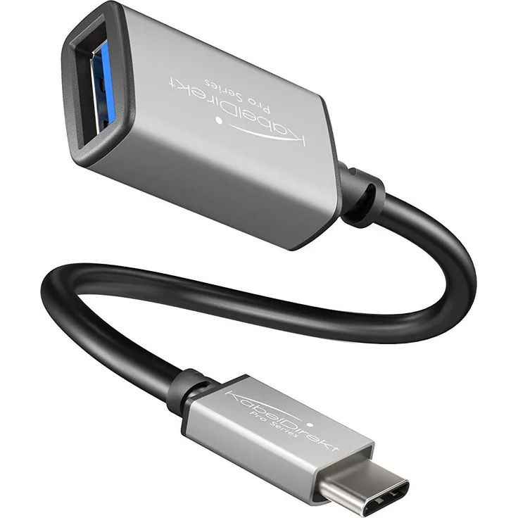 KabelDirekt - OTG Adapter - 0,15m - (USB A 3.0 Buchse auf USB C Stecker, Super Speed Datenkabel, für Festplatte, Kartenlesegerät, Speicherstick, Maus, Tastatur, schwarz - space grey)