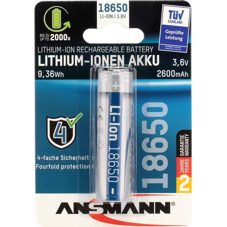 ANSMANN 18650 Li-Ion Akku mit Safetyboard, geschützter Akku mit Sicherheitsbeschaltung, Lithium-Ionen Batterie 3.6V, 2600mAh, 9.36Wh mit PCB Schutz für E-Zigarette*, E-Shisha, Laser-Stift, Taschenlampe, Stirnlampe