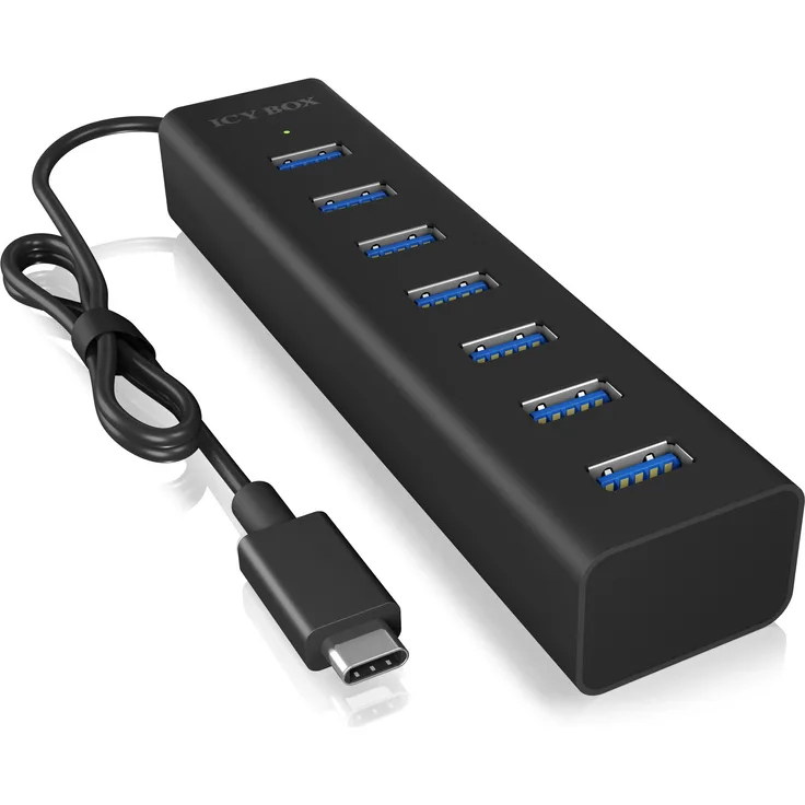 ICY BOX IB-Hub1700-C3 7-fach USB Type-C Hub mit 7x USB 3.0 (Type-A) Anschlüssen und Netzteil, integriertes Kabel, Aluminium, schwarz