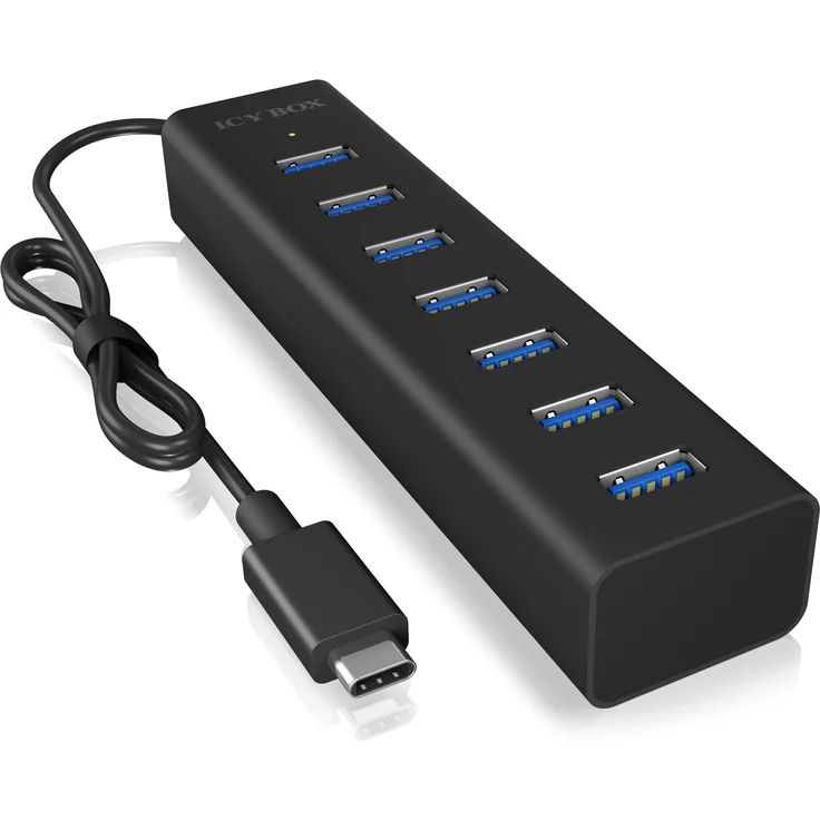 ICY BOX IB-Hub1700-C3 7-fach USB Type-C Hub mit 7x USB 3.0 (Type-A) Anschlüssen und Netzteil, integriertes Kabel, Aluminium, schwarz – Bild 1