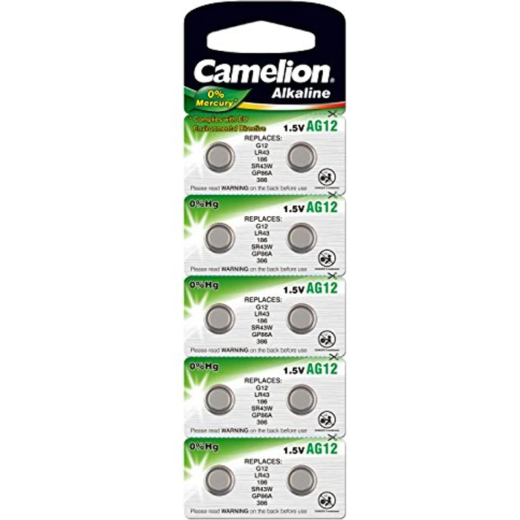 Camelion 12051012 Alkaline Knopfzellen ohne Quecksilber AG12-LR43-LR1142-386-1,5 Volt, 10er-Pack – Bild 1