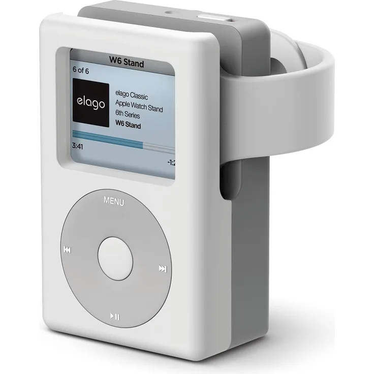 elago W6 Ständer Stand Kompatibel mit Apple Watch Serien 5 (2019)/4/3/2/1 (44,42,40,38mm) – Vintage Medea Player Design, Unterstützt Nightstand Modus, Kabelmanagement - Weiß