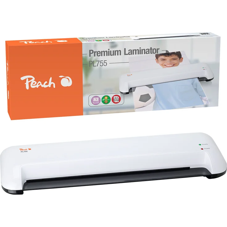 Peach PL755 Laminiergerät DIN-A3 , schnell startklar , geeignet für handelsübliche Folien , 1½ Seiten pro Min. , inkl. 10 Laminierfolien , Heiß und Kalt laminieren – Bild 1