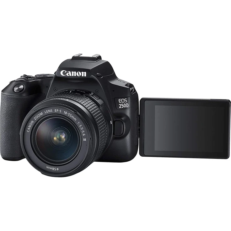 Canon EOS 250D Digitalkamera (24,1 Megapixel, 7,7 cm (3 Zoll) Vari-Angle Display, APS-C-Sensor, 4K, Full-HD, DIGIC 8, WLAN, Bluetooth) mit Objektiv EF-S 18-55mm F4-5.6 IS STM schwarz – Bild 1