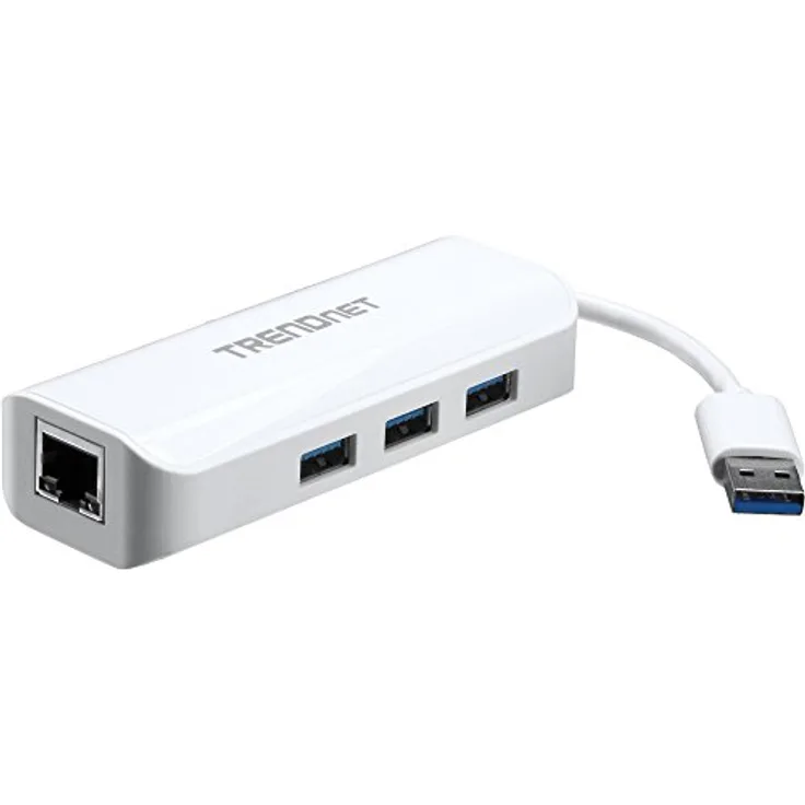 TRENDnet 3-Port USB 3.0 Hub mit 10-100-1000 Mbps Gigabit Ethernet Adapter (3x USB 3.0 Ports, 1x RJ45 Gigabit Ethernet Port),TU3-ETGH3