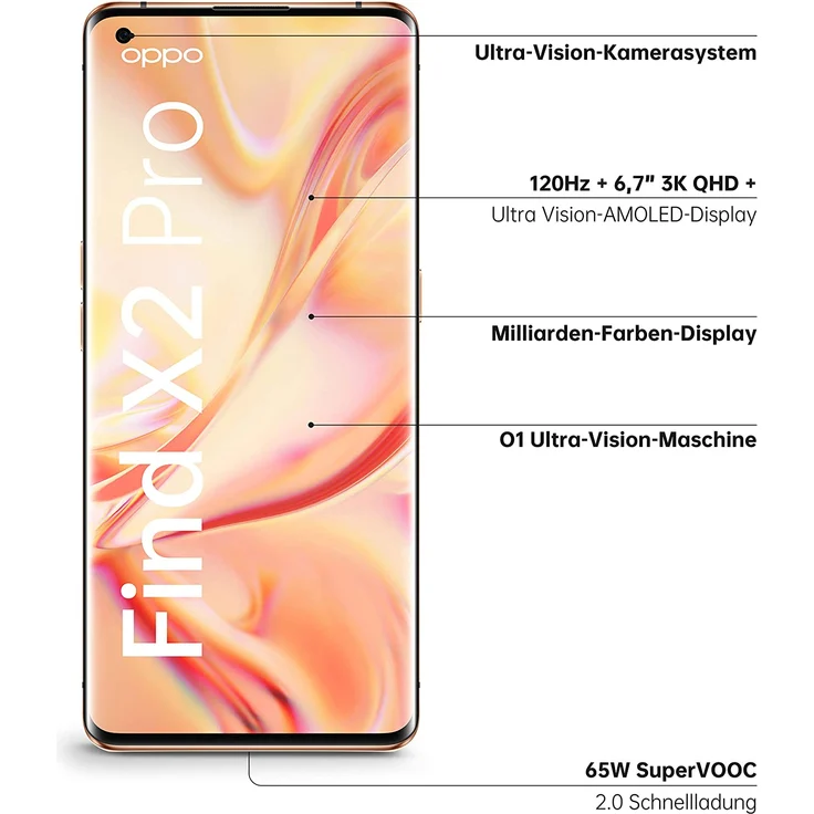 OPPO Find X2 Pro 5G Smartphone 17,02 cm (6,7 Zoll) OLED-Display, 512GB interner Speicher, 12GB RAM, ColorOS 7.1, Orange – Bild 2