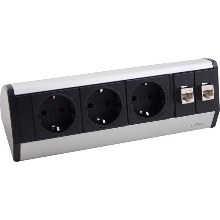 Schulte 159300662300 Dock Data SMALL Silber mit 3X VDE Steckdose und 2X CAT 6 Netzwerkanschluss