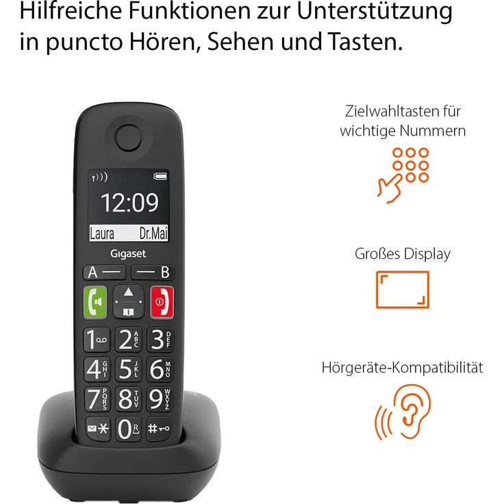 Gigaset E290 Duo - 2 schnurlose Senioren-Telefone ohne Anrufbeantworter - große Tasten, großes Display, Zielwahltasten für wichtige Nummern, Verstärker-Funktion für extra lautes Hören, schwarz – Bild 3