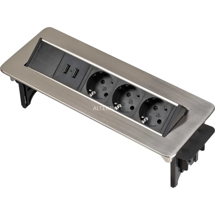 Brennenstuhl Indesk Power USB-Charger Tischsteckdosenleiste - Versenkbare Steckdose 3-fach (2 USB Ladebuchsen, 2m Kabel) silber-schwarz