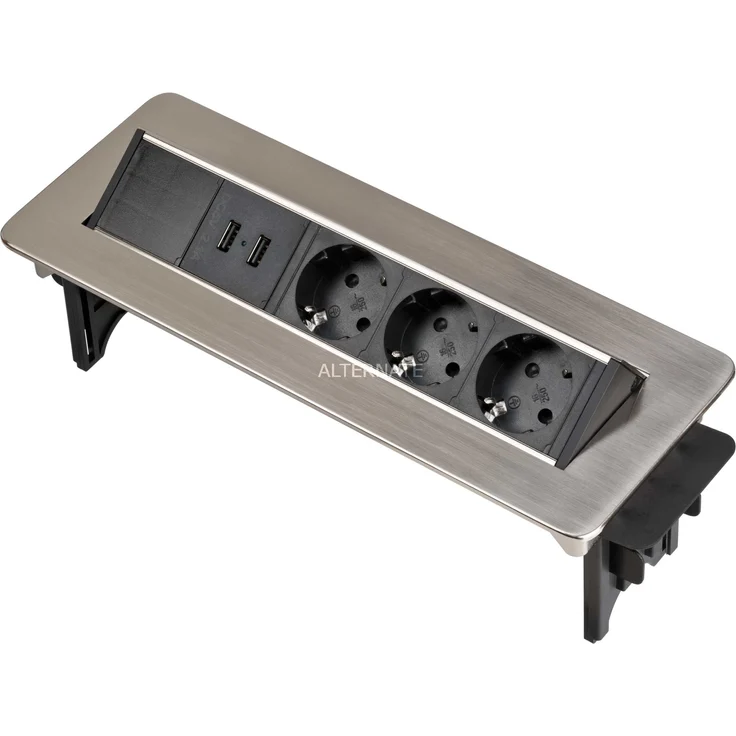 Brennenstuhl Indesk Power USB-Charger Tischsteckdosenleiste - Versenkbare Steckdose 3-fach (2 USB Ladebuchsen, 2m Kabel) silber-schwarz – Bild 1
