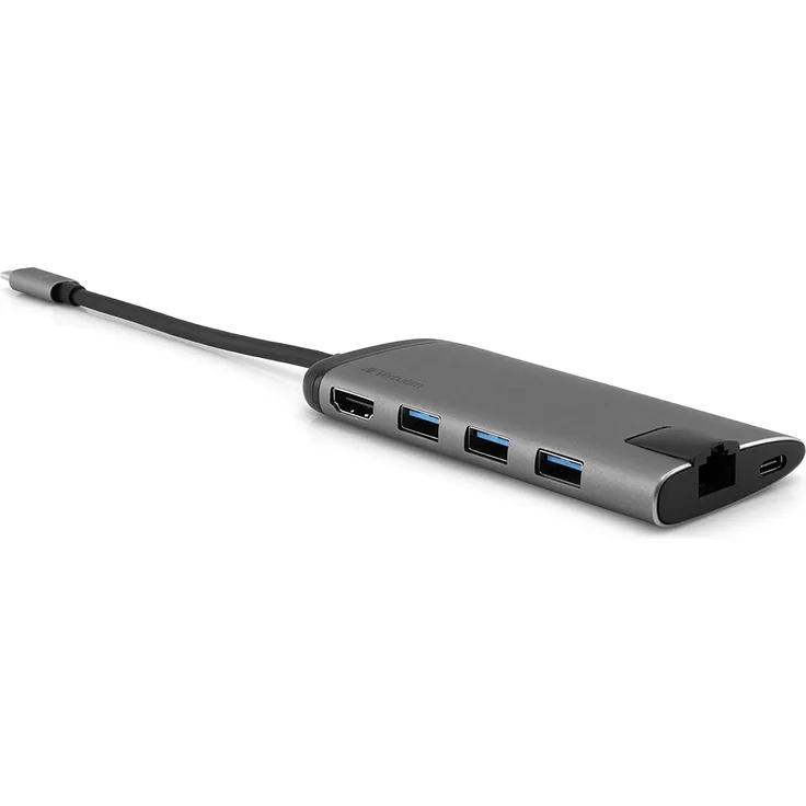 Verbatim USB-C Multiport-Adapter mit USB 3.0 - HDMI, 4K, Ethernet, SD-microSD, Schnellladeanschluss, für Laptop, MacBook - Grau
