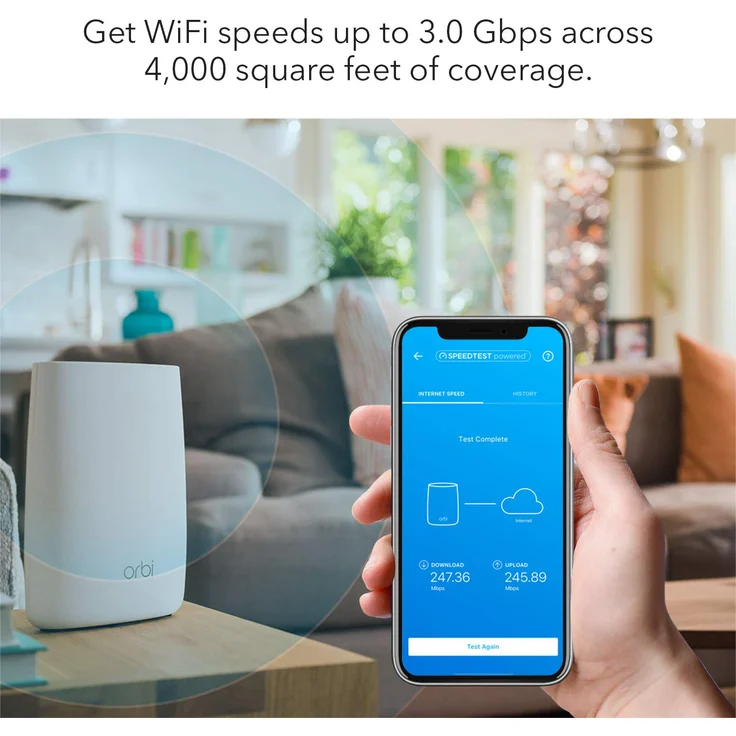 Netgear Orbi RBK50 Ultra Speed Mesh-WLAN-System (3.000 MBit-s Geschwindigkeit, Tri-Band 2er Set mit Mesh-Router + Satellit-Repeater, bis zu 350 m² Abdeckung, AC3000) – Bild 4