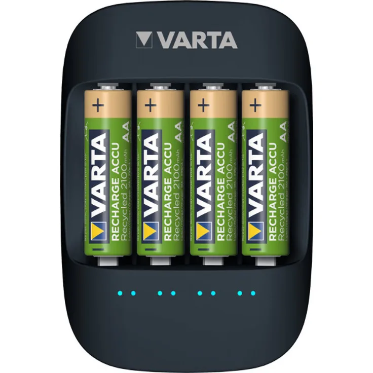 Varta Eco Charger (geeignet für 4 AA-AAA Akkus, Gehäuse aus 50% Bioplastik mit Einzelschacht- und Erhaltungsladung, inkl. 4x AA 2100mAh Recharge Accu Recycled, Verpackung aus 90% recyceltem Material)