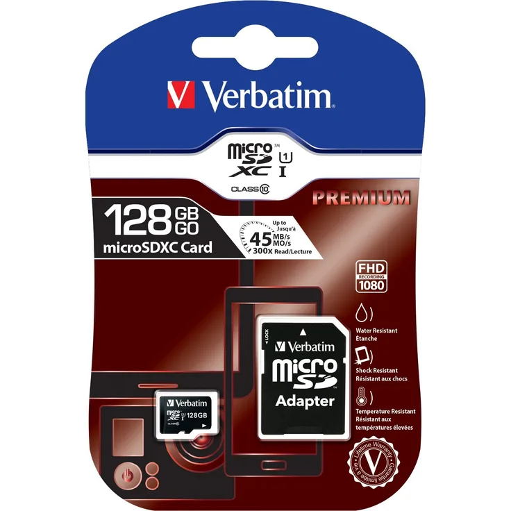 Verbatim Premium microSDXC Speicherkarte - 128 GB - inkl. Adapter - Klasse 10 - wasserfest und schockresistent - schwarz