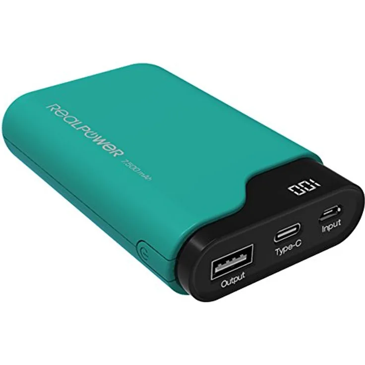 RealPower PB-7500C, 7.500mAh Powerbank-Externer Akku-Ladegerät, 2 x Out (1 x USB, 1 x Type-C), 2 x In (Micro-USB-Type-C), Digitales Display, für iphone, iPad, Samsung Galaxy und weitere,(Grün)