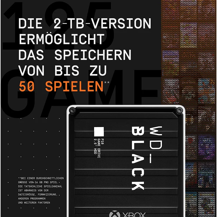WD_BLACK P10 Game Drive for Xbox One WDBA6U0020BBK - Festplatte - 2 TB - extern (tragbar) - USB 3.2 Gen 1 - Schwarz mit weißer Verzierung (WDBA6U0020BBK-WESN) – Bild 4