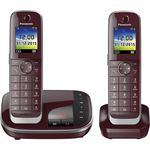 Panasonic KX-TGJ322GR Familien-Telefon mit Anrufbeantworter, Schnurloses Telefon DUO, 2 Mobilteile, strahlungsarm, Anrufschutz, weinrot