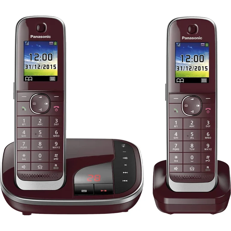 Panasonic KX-TGJ322GR Familien-Telefon mit Anrufbeantworter, Schnurloses Telefon DUO, 2 Mobilteile, strahlungsarm, Anrufschutz, weinrot – Bild 1
