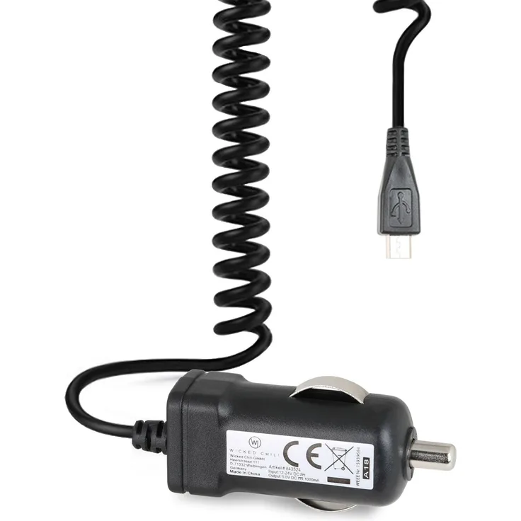 Wicked Chili microUSB KFZ Ladekabel kompatibel mit Samsung, Huawei, Sony, Nokia, Blackberry, HTC, LG, Motorola, Handy, Tablet (Spiralkabel, 30 bis 50 cm, 1,000mA, LED)